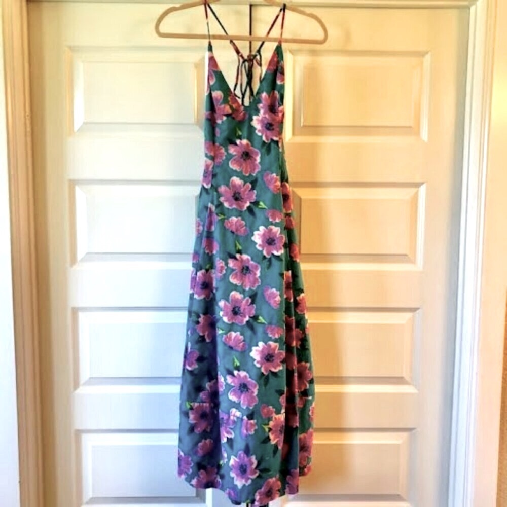 NWT FREE PEOPLE FINER THINGS TEAL FLORAL STRAPPY BOHO MIDI SUNDRESS M - Picture 6 of 10